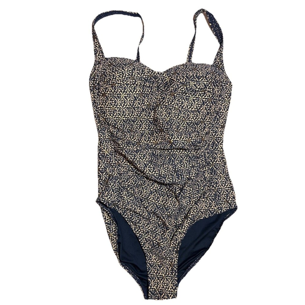 Nip Tuck Ruched Swimsuit Sweetheart Neckline 6 Navy Blue Gold Tummy Control